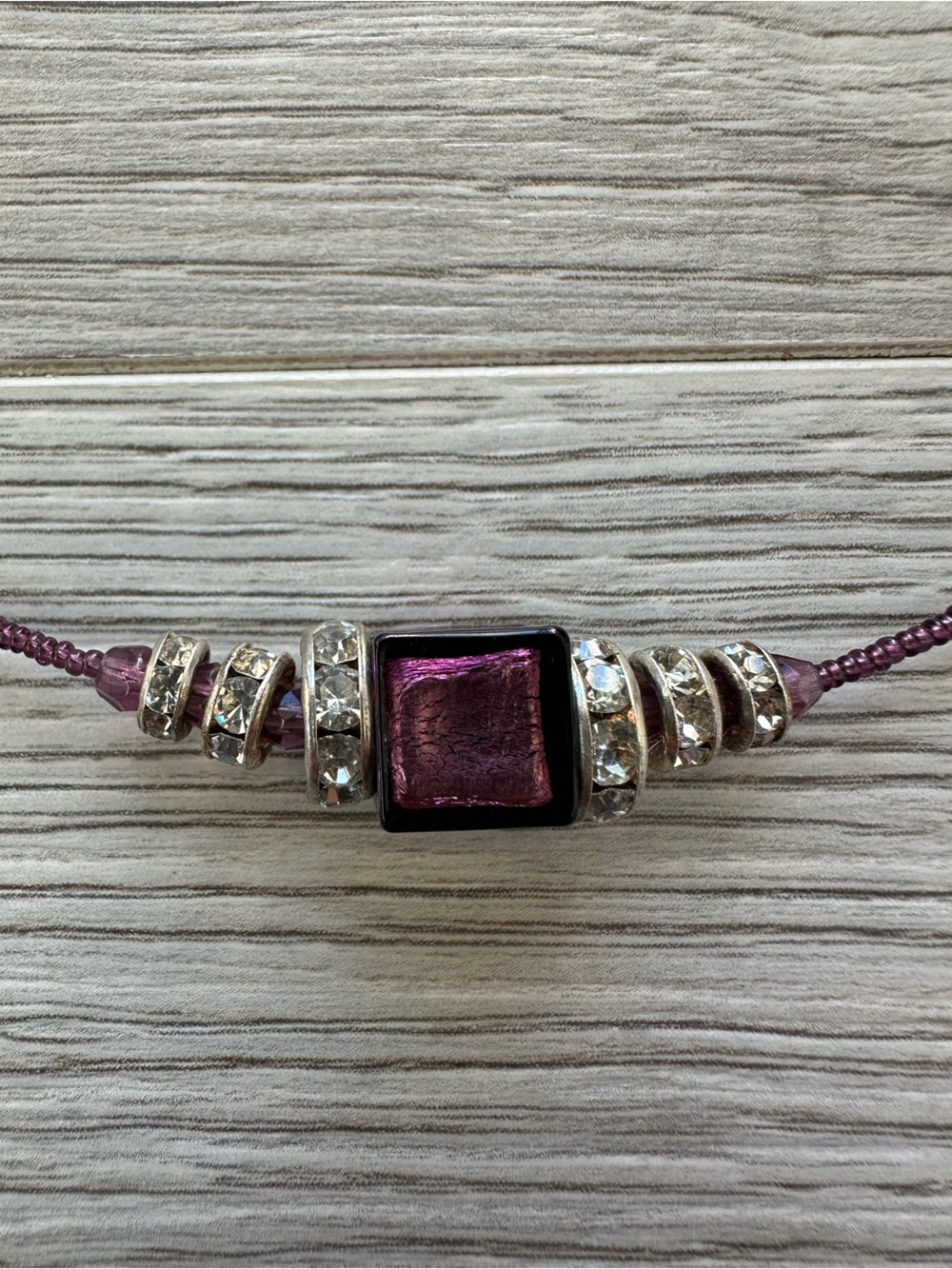 Murano Italy Purple Glass Focal Bead Necklace w Crystal Rondelles